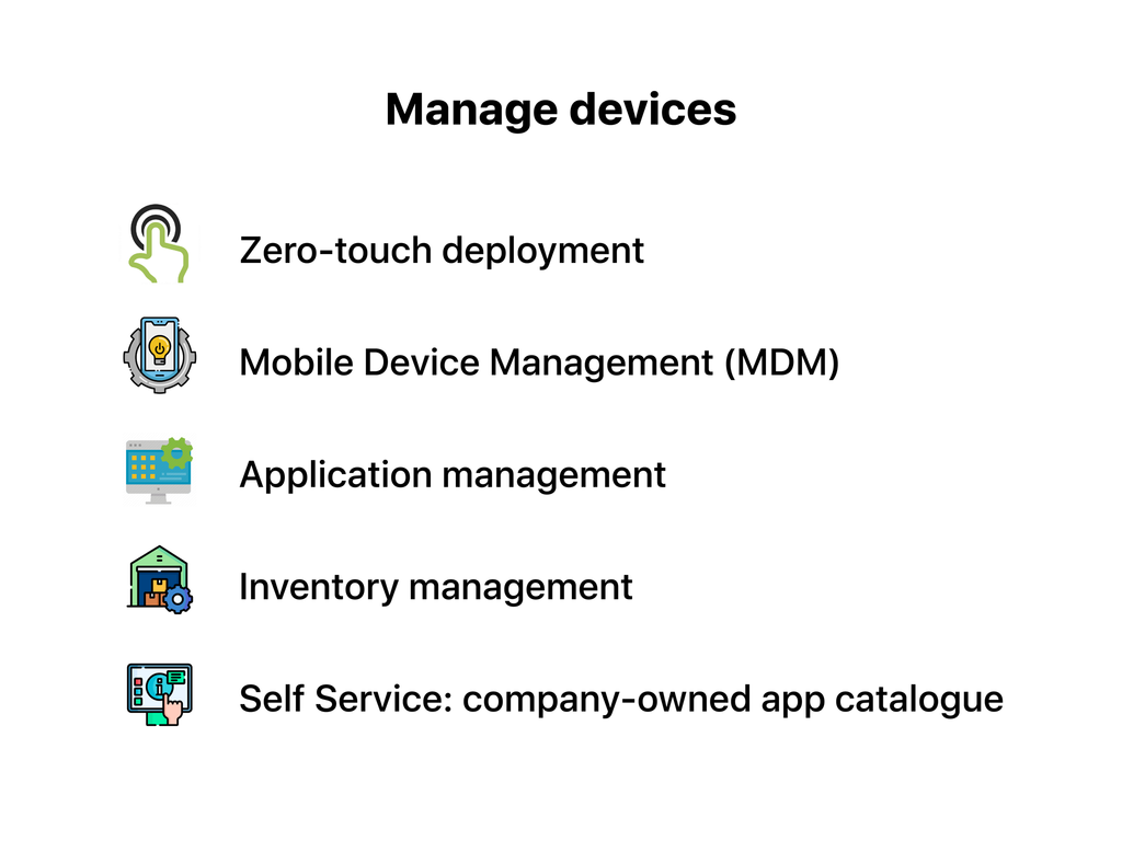 Icon list showing device management options including Zero-touch deployment, MDM, application management, inventory management, and self-service.