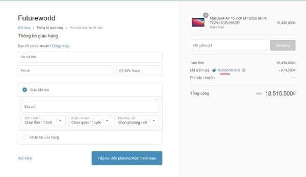 Checkout page showing Futureworld order form after applying voucher code with updated discounted total.