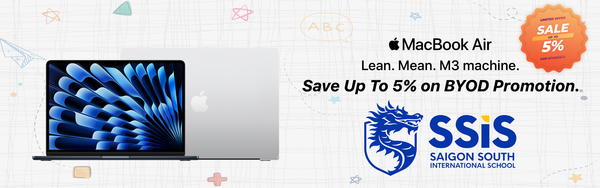 MacBook Air laptop image with BYOD promotion banner and 5% sale badge next to SSIS logo.