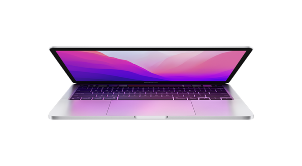MacBook laptop with purple display on white background.