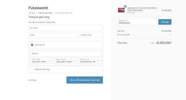 Checkout page showing Futureworld order form with product details and total amount before applying voucher code.