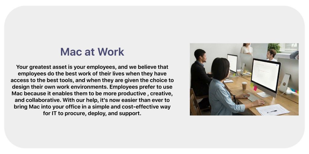 Mac at Work banner showing people working on Apple devices with supporting text about workplace productivity.