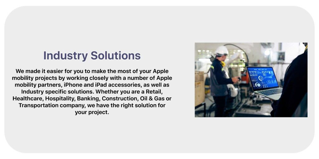 Industry Solutions banner showing people using laptops with text explaining Apple mobility solutions.