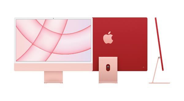 iMac desktop in red color viewed from front and side angles.