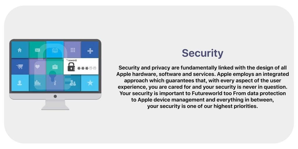 Security section banner showing iMac screen with security icons and text about Apple’s security and privacy features.