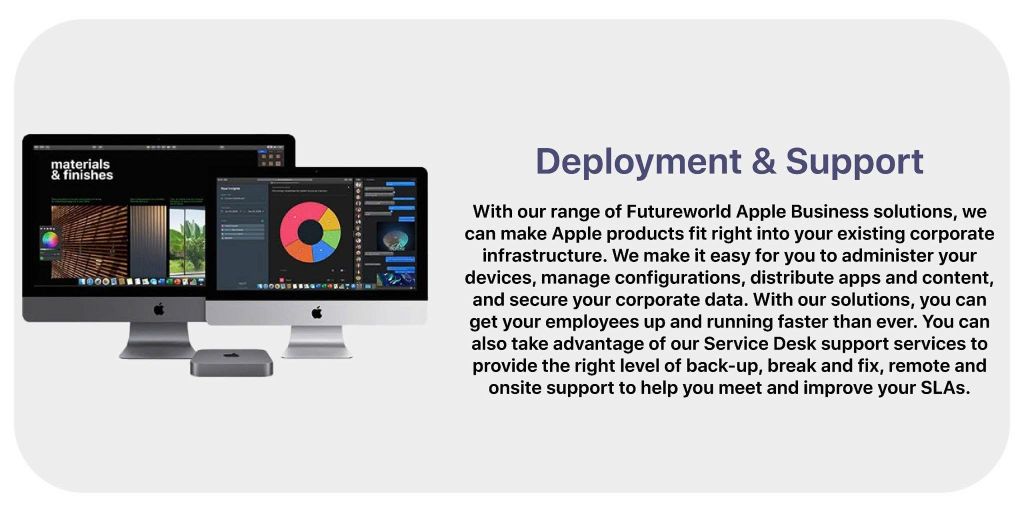 Deployment & Support banner showing multiple Apple devices with text about Apple business solutions and IT support.