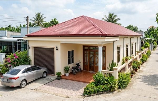 Mẫu nhà cấp 4 mái tôn 5x28 3 phòng ngủ có gara ô tô