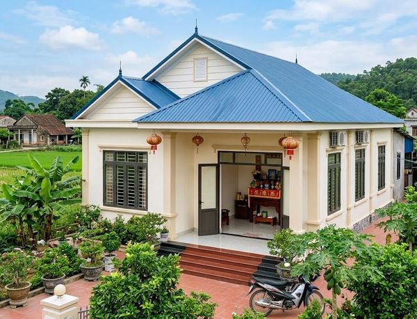 Mẫu nhà cấp 4 3 phòng ngủ mái tôn kết hợp 1 phòng thờ