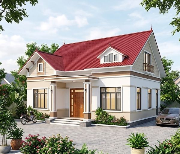 Mẫu nhà cấp 4 mái tôn 3 phòng ngủ có gác lửng