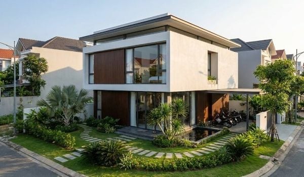 Mẫu nhà vuông 2 tầng 100m2 có sân vườn