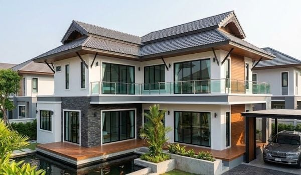 Mẫu nhà vuông 2 tầng 100m2 mái Thái