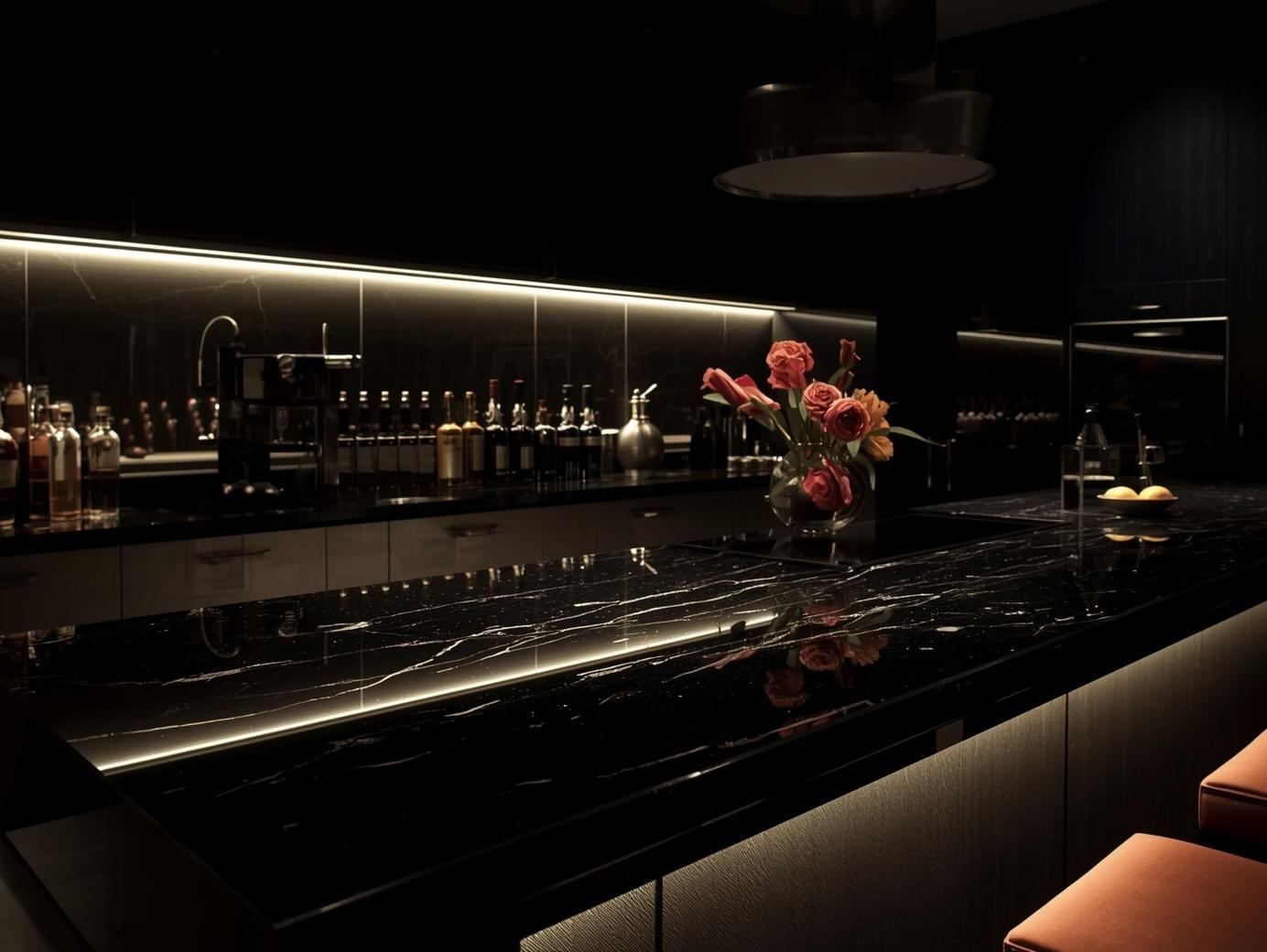 Bold modern interior featuring a polished black quartz countertop.