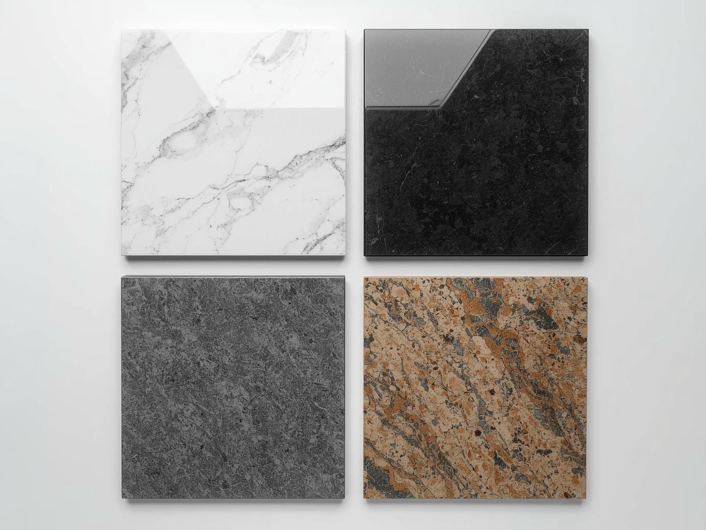 Quartz countertop samples in white, black, grey and brown for design selection.