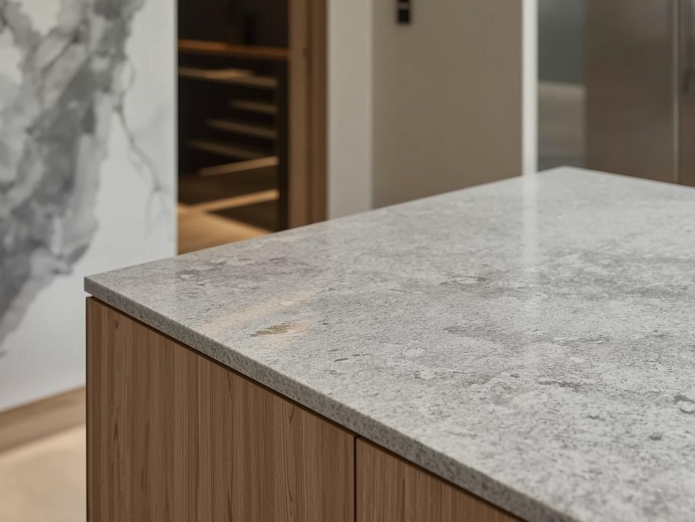 Contemporary interior featuring a versatile grey quartz countertop.