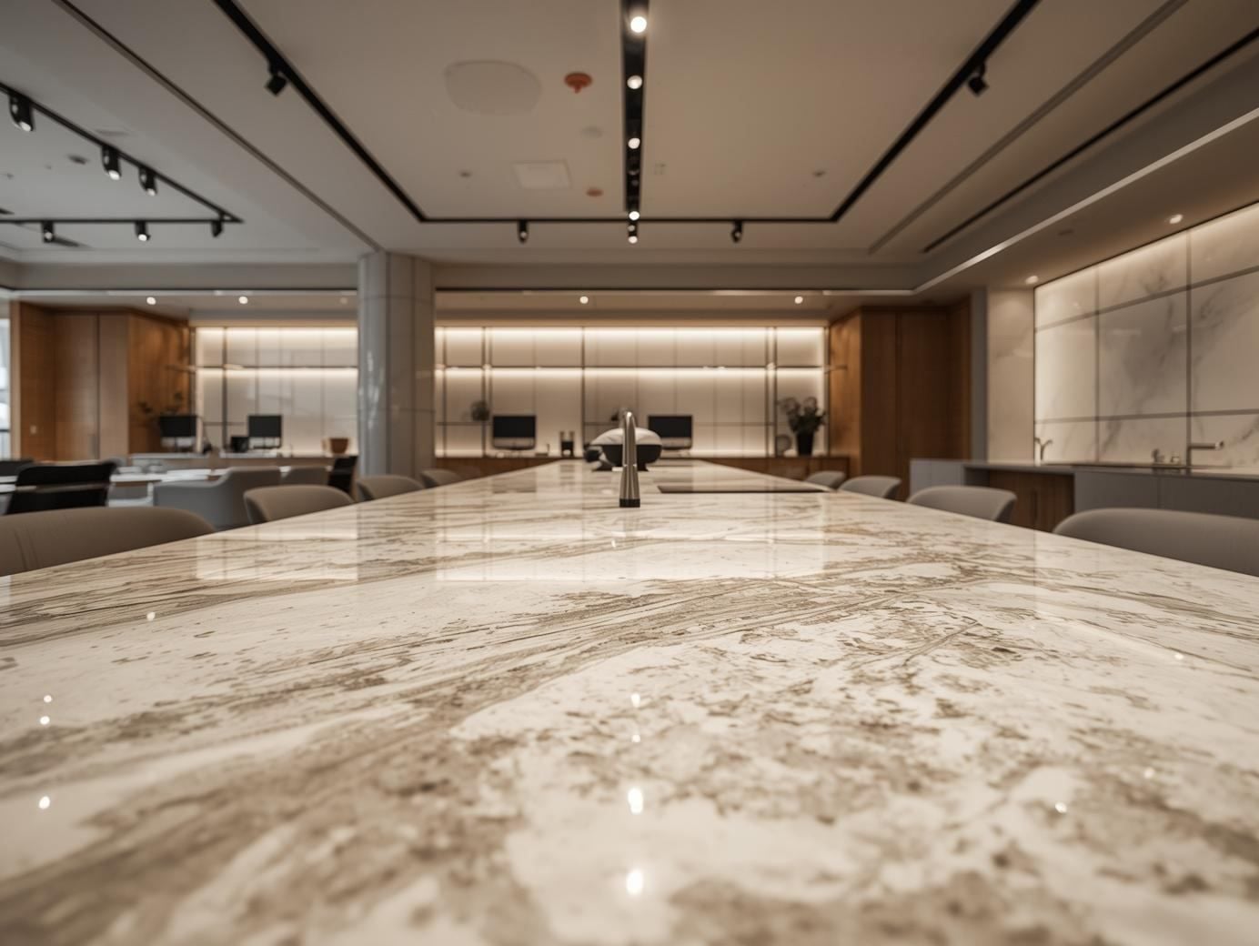 Modern commercial space showcasing a neutral quartz countertop surface.