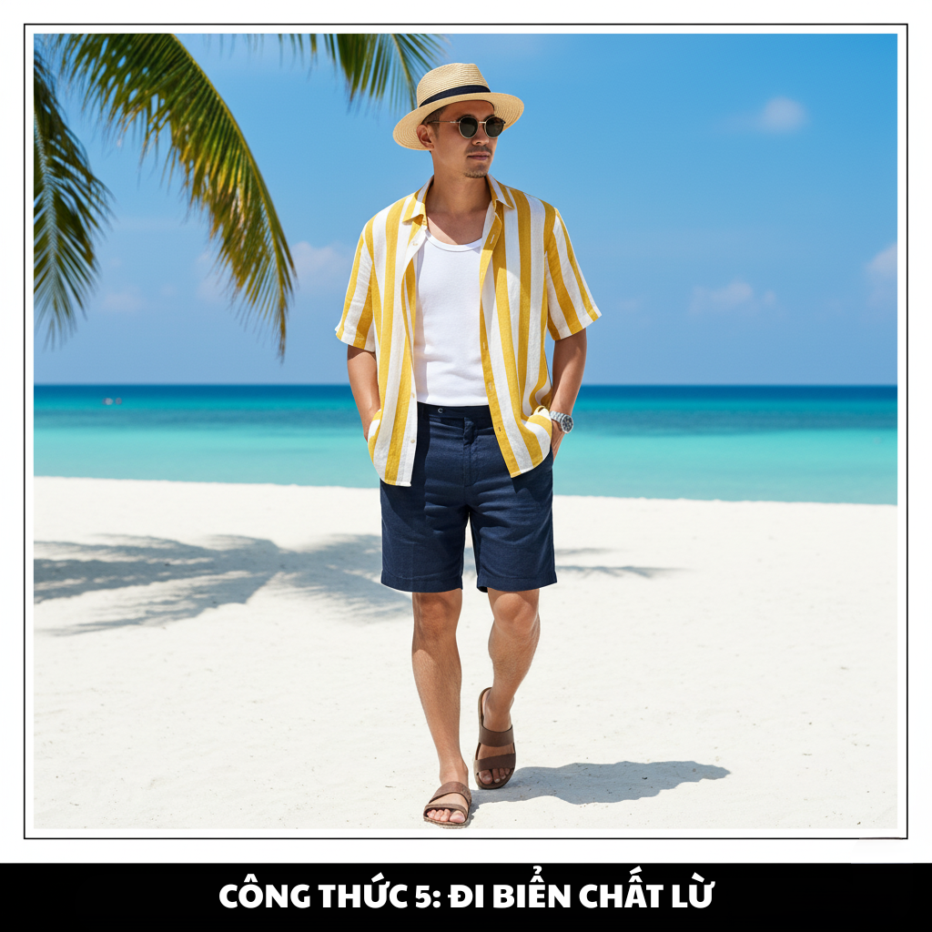 Phối đồ sơ mi kẻ sọc đi biển chất lừ