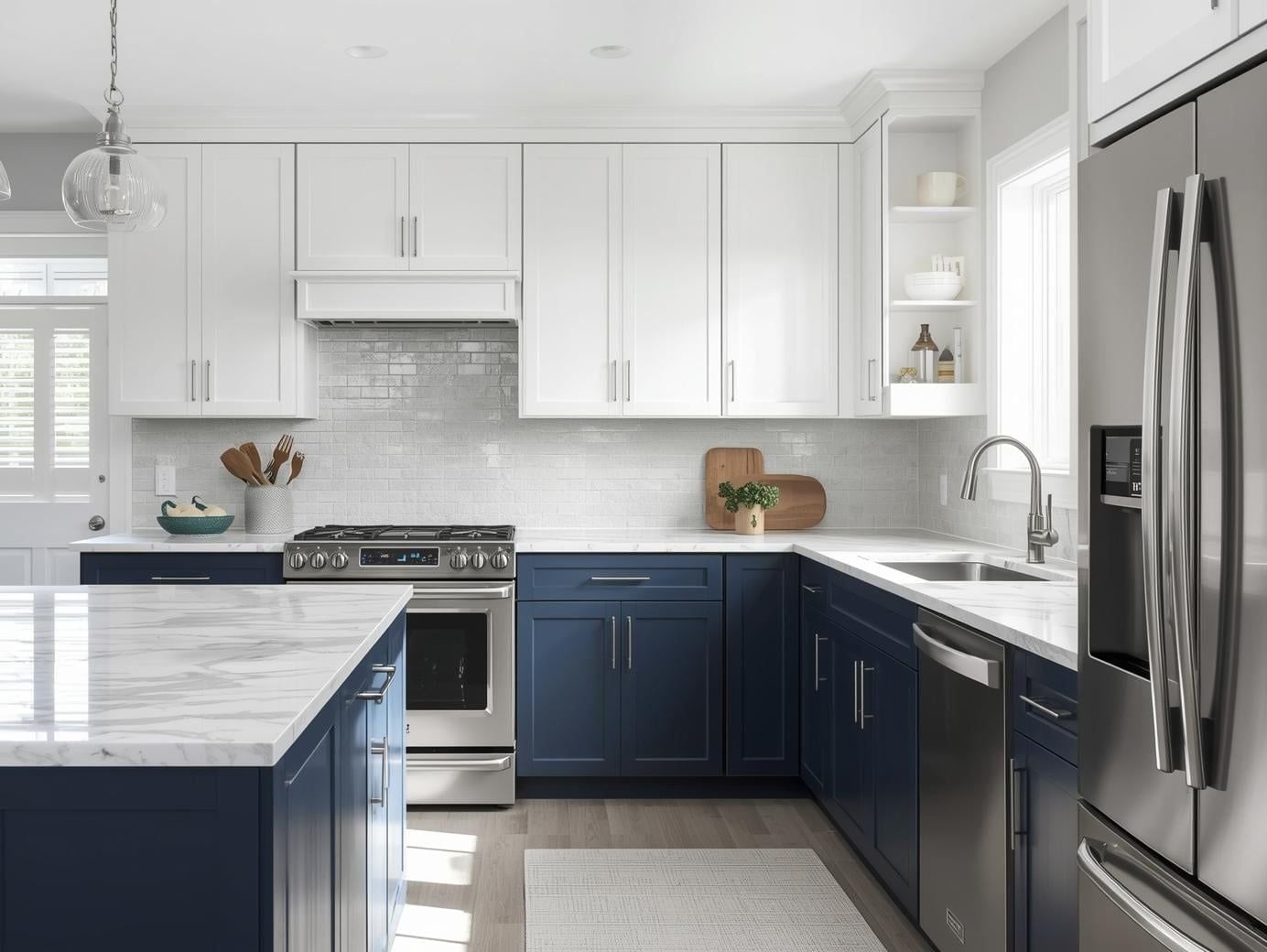 blue base cabinets and white upper cabinets