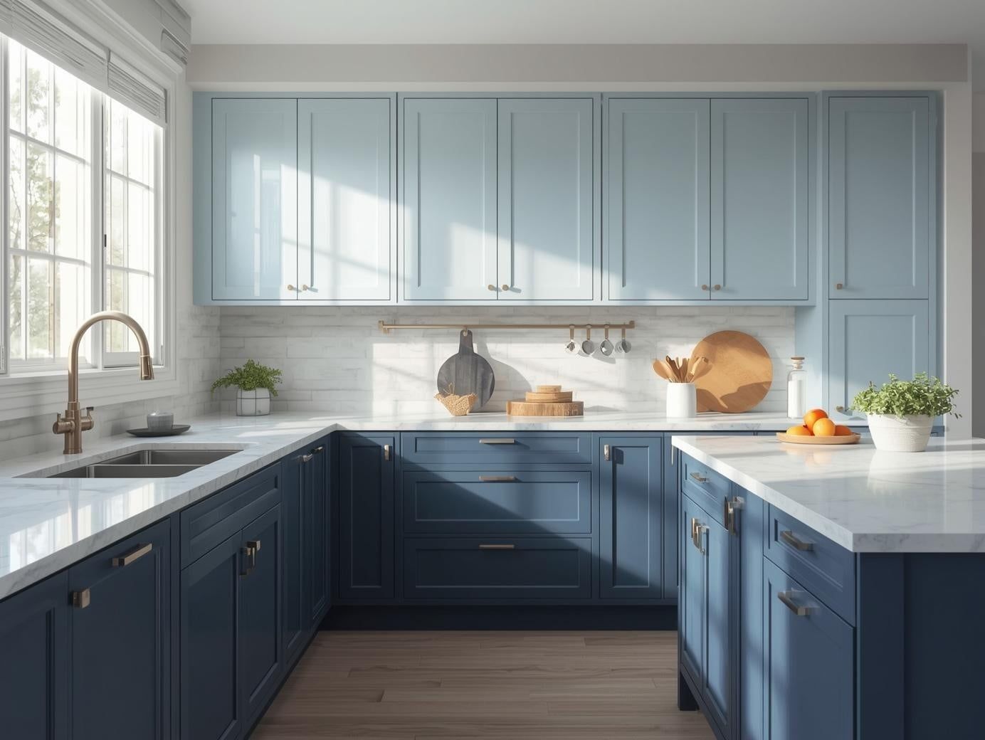 Navy blue lower cabinets and light blue or white uppers