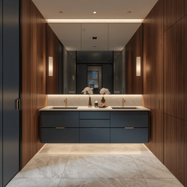 Smoky blue and walnut bathroom cabinets by VIC Vietnam Cabinet Factory designed for lasting quality.