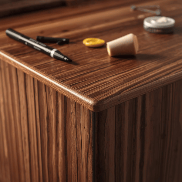 Touch-up process repairing walnut wood cabinet surface from VIC Vietnam Cabinet Factory.