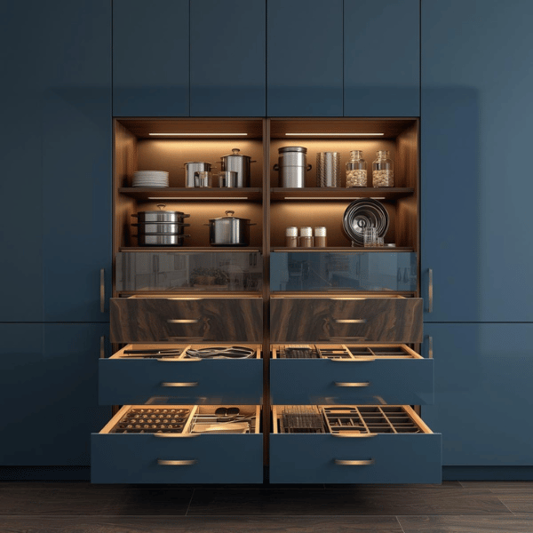 Organized kitchen with smoky blue and walnut cabinets showing optimized storage efficiency by VIC Vietnam Cabinet Factory.