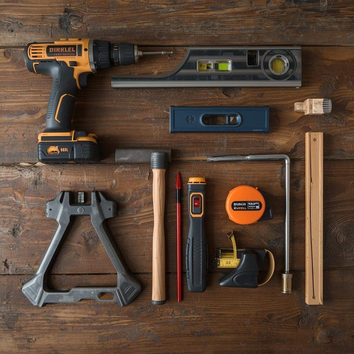 Essential tools for RTA cabinet assembly neatly arranged on a wooden table