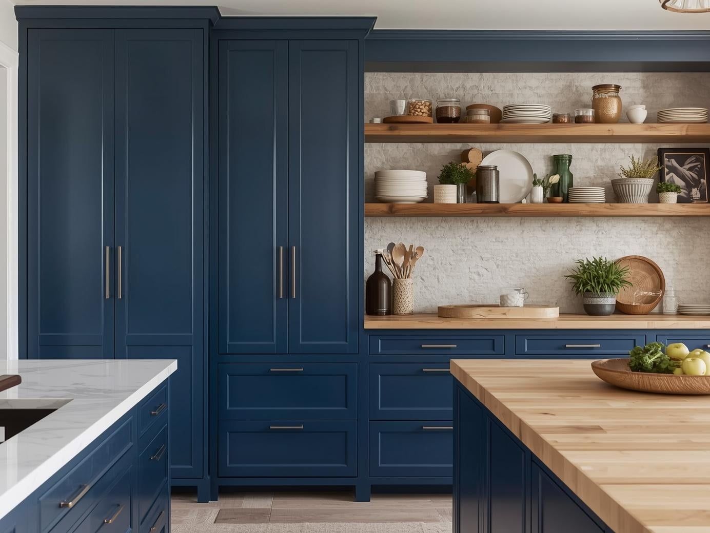 Blue cabinets and natural wood accents