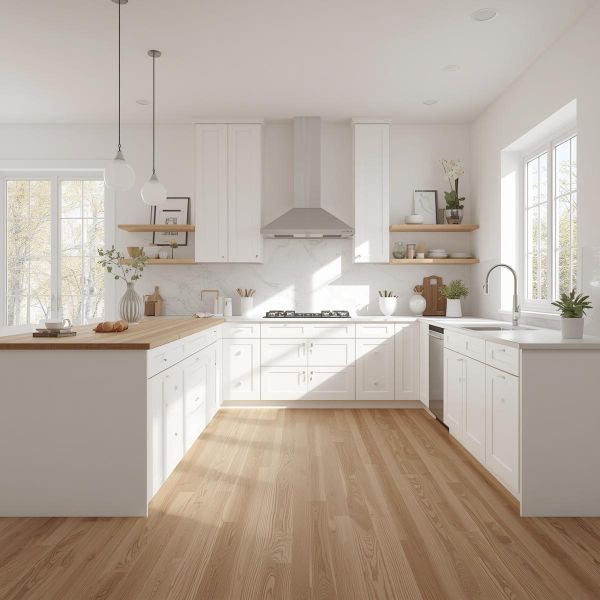 Warm and inviting kitchen featuring oak white cabinets and natural lighting by VIC Cabinet Vietnam.