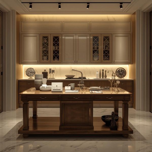 Luxury showroom interior displaying premium kitchen cabinets and hardware samples by VIC Cabinet Vietnam.