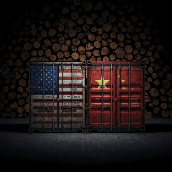 Symbolic image of U.S.–China trade war showing disrupted wood supply chain for cabinet production