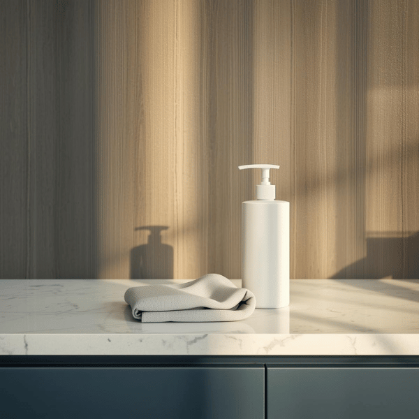 Cleaning and maintenance setup for smoky blue and walnut wood cabinets by VIC Vietnam Cabinet Factory.