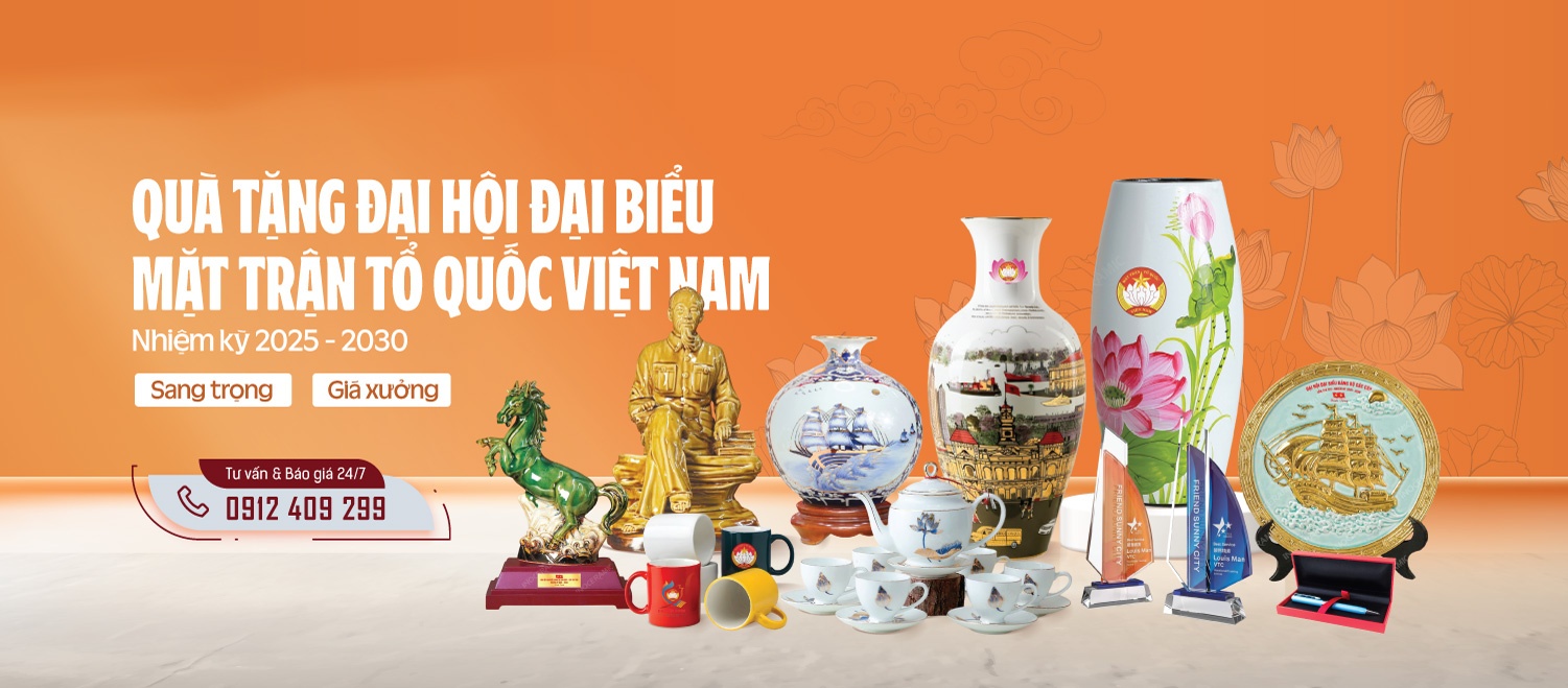 Bộ giải pháp quà tặng gốm sứ in logo Đại hội Đảng, Mặt Trận Tổ Quốc Việt Nam.