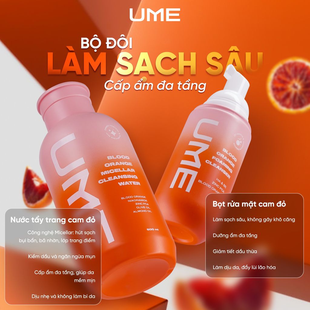 làm sạch kép, double cleansing, nước tẩy trang ume, bọt rửa mặt ume, cam máu, cam đỏ