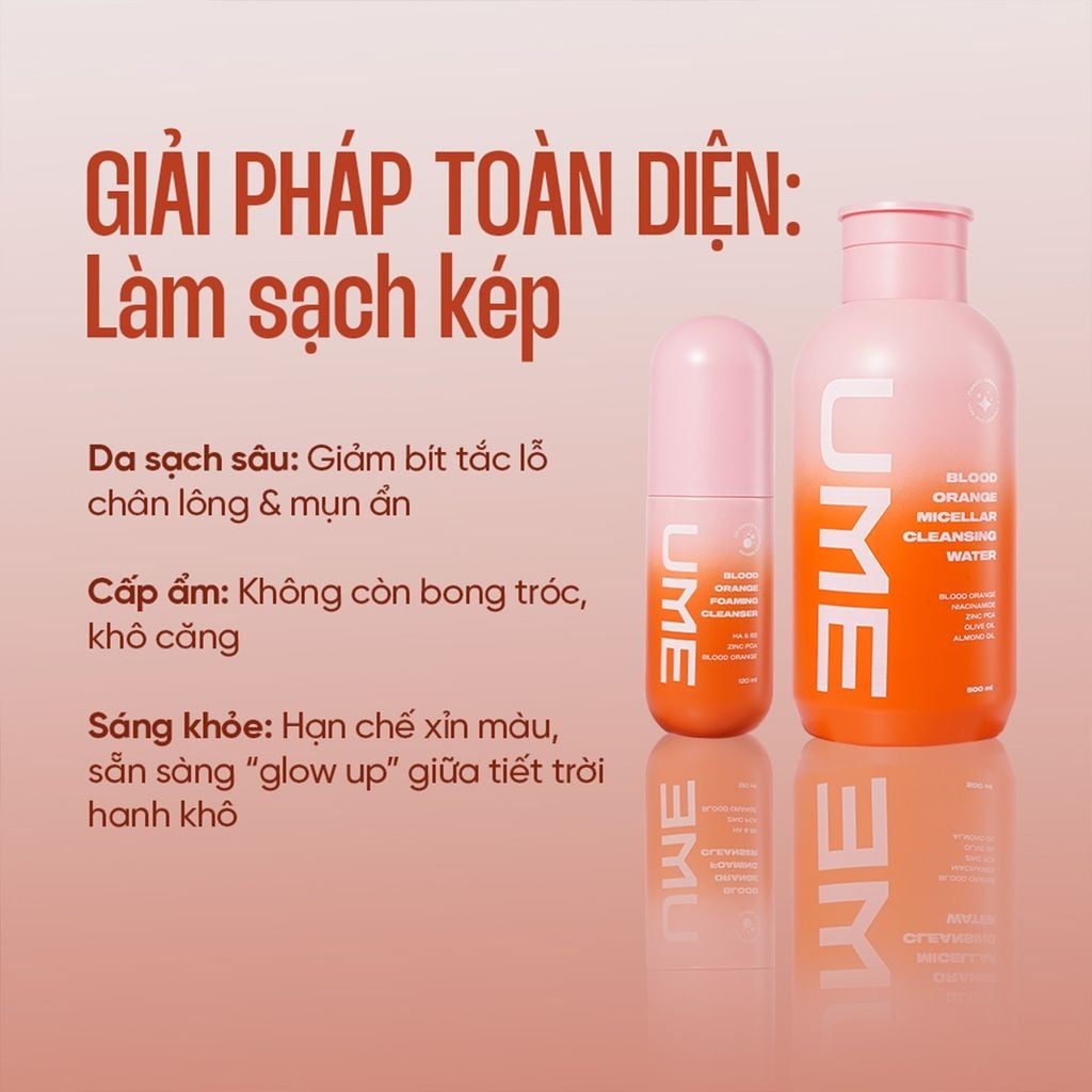 làm sạch kép, double cleansing, nước tẩy trang ume, bọt rửa mặt ume, cam máu, cam đỏ