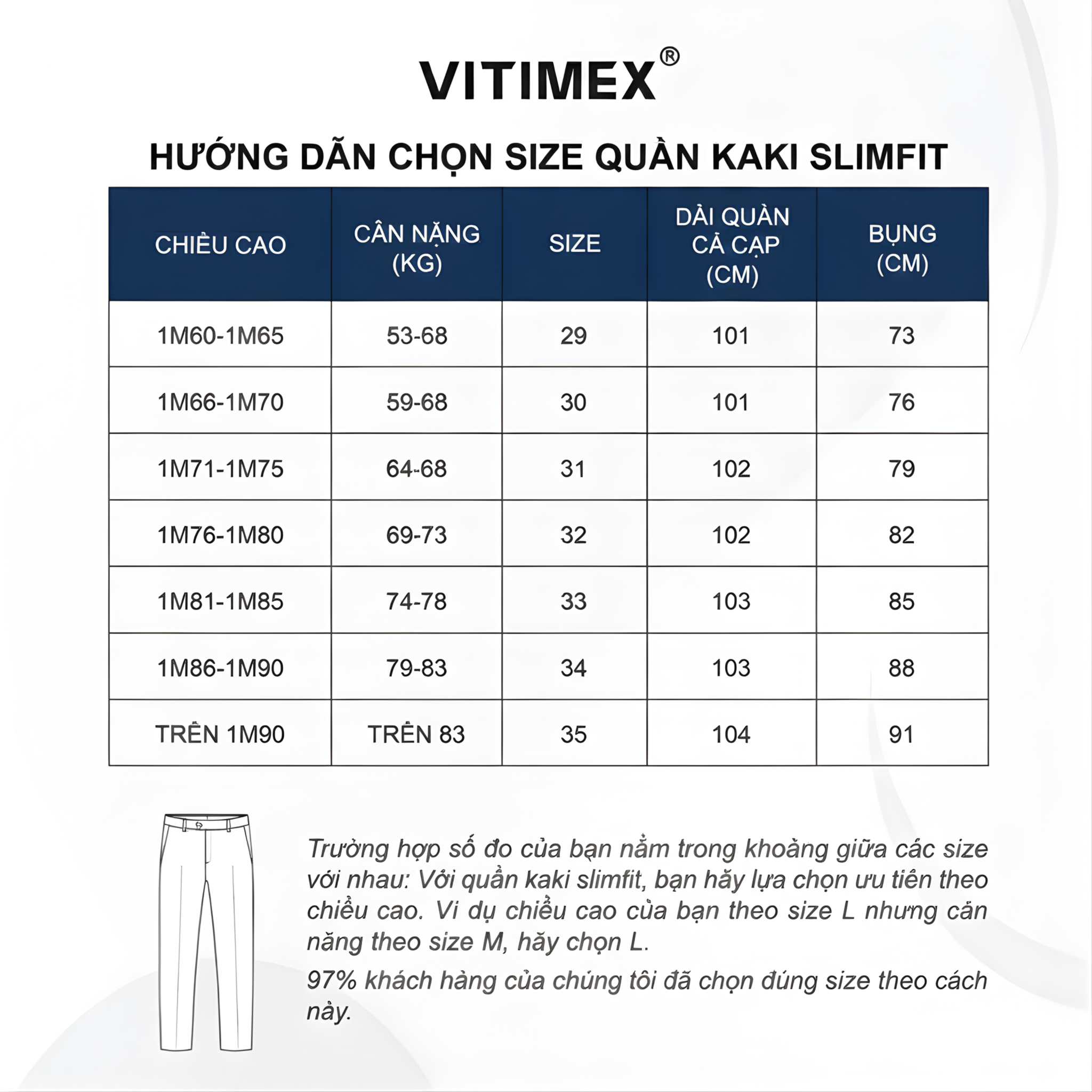 Hướng dẫn chọn size quần kaki dáng slimfit