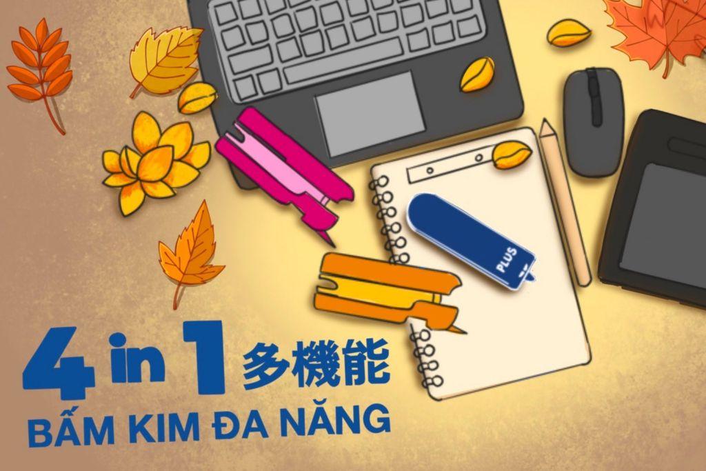 bàn học gọn gàng với dụng cụ học tập PLUS