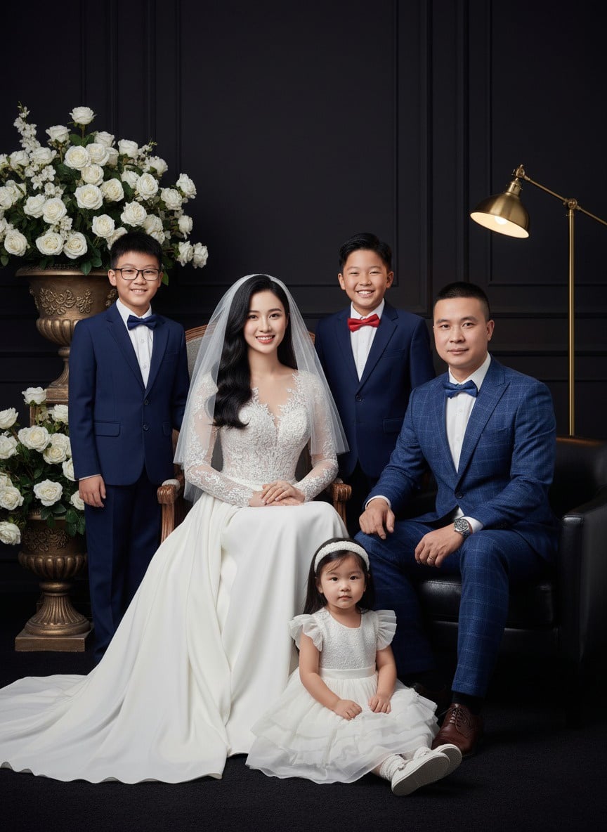 Ghép ảnh gia đình phong cách kỷ niệm ngày cưới (Bố mẹ & 3 con: 2 trai, 1 gái)