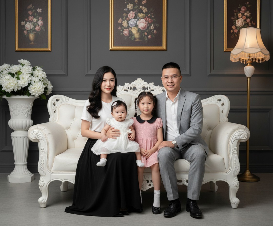 Ghép ảnh gia đình phong cách Tết cổ truyền (Bố mẹ & 2 con gái)