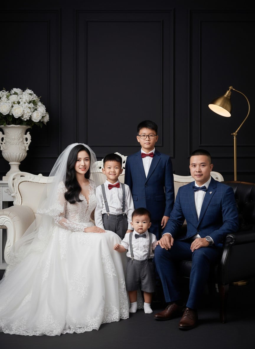 Ảnh gia đình có em bé nhỏ (Bố mẹ & 2 con: chị gái & bé gái 1 tuổi)