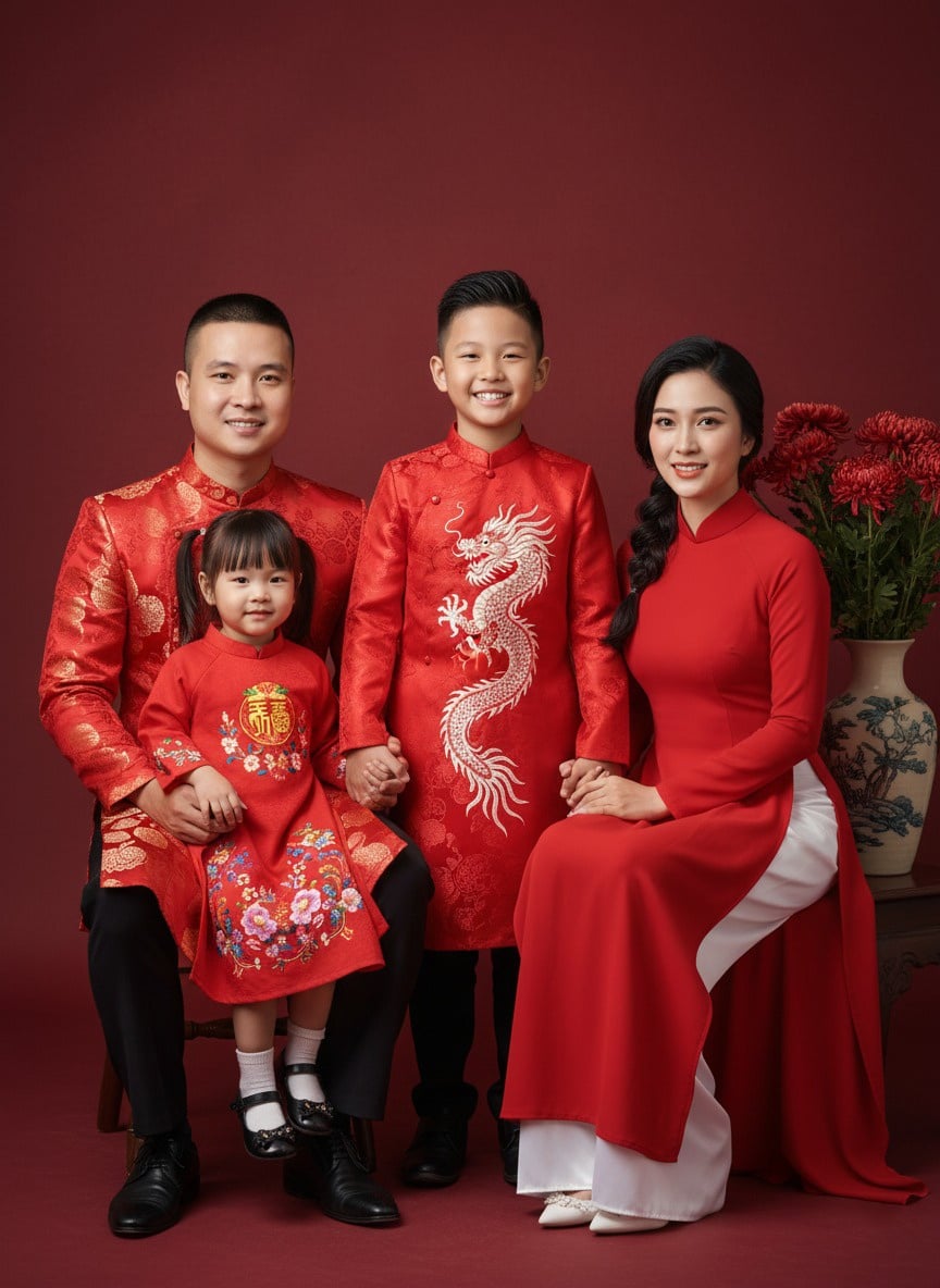 Dạng ảnh Tết sum vầy (Bố mẹ & 3 con: 2 trai, 1 gái)