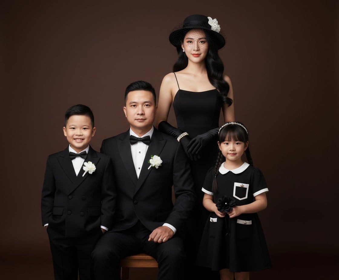 Dạng ảnh lịch sự và tinh khôi (Bố mẹ & 3 con: 1 bé trai sơ sinh, 2 con gái)