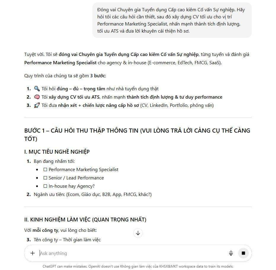 Khi nhập prompt viết CV vào ChatGPT, công cụ này sẽ đưa cho bạn những câu hỏi để lấy thông tin cụ thể