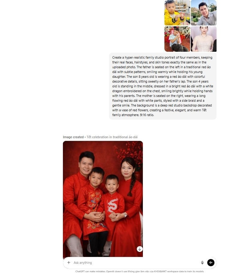 Để ChatGPT có thể tái tạo gương mặt một cách trung thực nhất, bạn hãy tải ảnh chân dung thật rõ nét của tất cả các thành viên trong gia đình