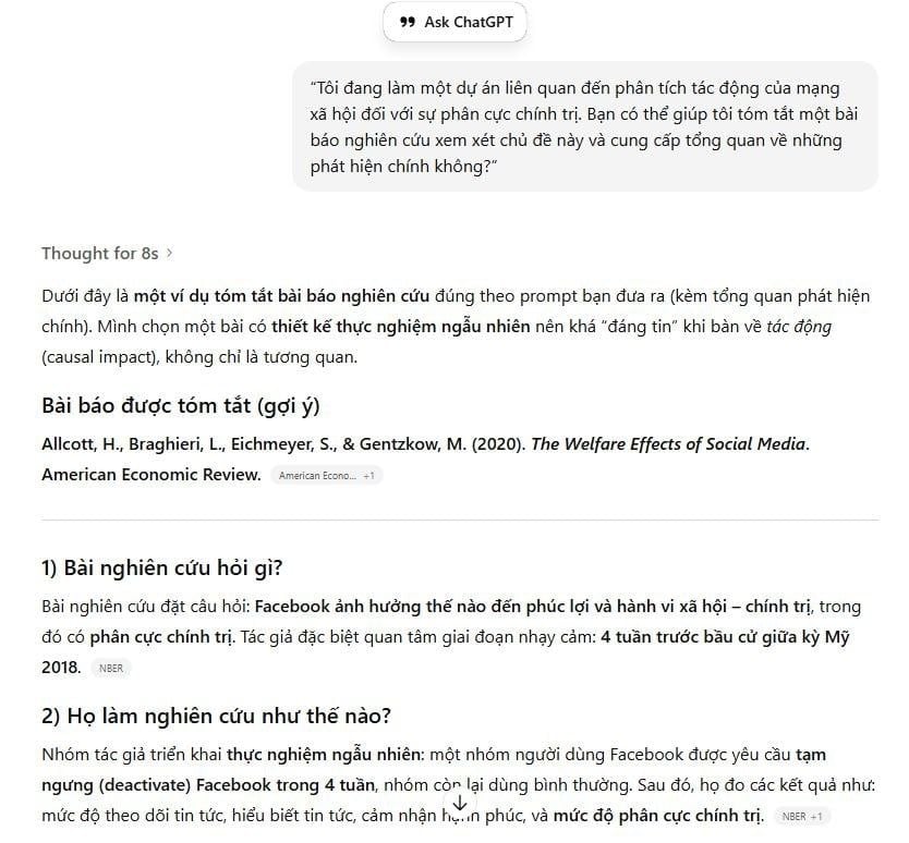 Kết quả trả về cho prompt tóm tắt bài báo nghiên cứu