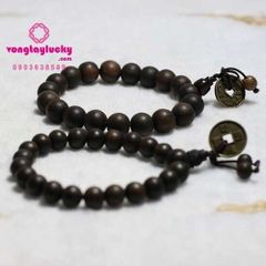 vòng tay gỗ mun, chuỗi 108 hạt gỗ mun, gỗ mun đen, gỗ mun đính đồng xu cổ, chuỗi đeo tay gỗ mun