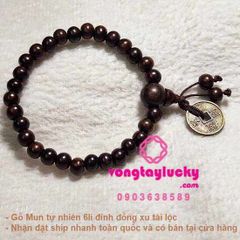 vòng tay gỗ mun, chuỗi 108 hạt gỗ mun, gỗ mun đen, gỗ mun đính đồng xu cổ, chuỗi đeo tay gỗ mun