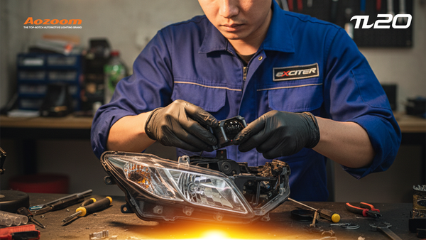 A technician carefully aligning an AOZOOM Bi-LED projector during a headlight retrofit.