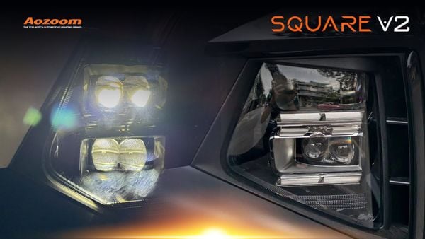 Close-up of the Tucson's geometric headlight design.