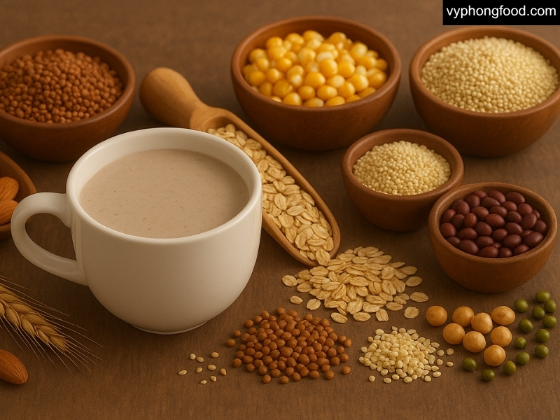 Hình ảnh các loại thực phẩm bổ sung cho người ăn chay kết hợp với bột ngũ cốc dinh dưỡng GREENMAX Đài Loan, hỗ trợ bổ sung chất xơ, đạm thực vật, vitamin và năng lượng an toàn cho cơ thể.