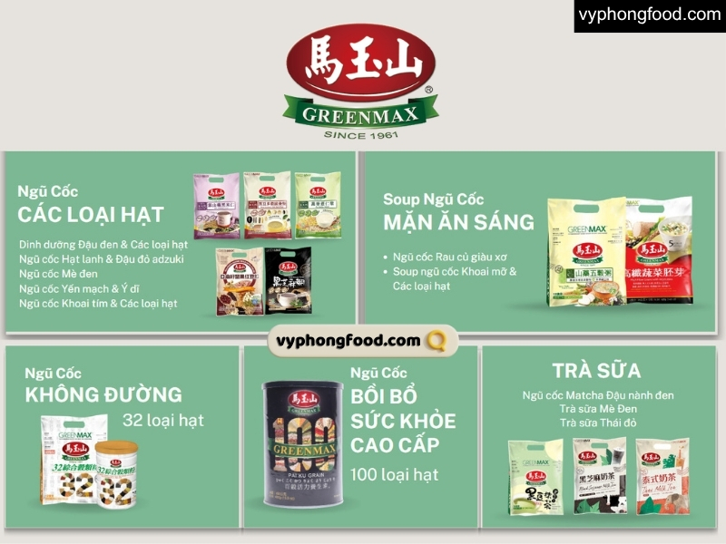Hình ảnh các loại thực phẩm bổ sung cho người ăn chay kết hợp với bột ngũ cốc dinh dưỡng GREENMAX Đài Loan, hỗ trợ bổ sung chất xơ, đạm thực vật, vitamin và năng lượng an toàn cho cơ thể.